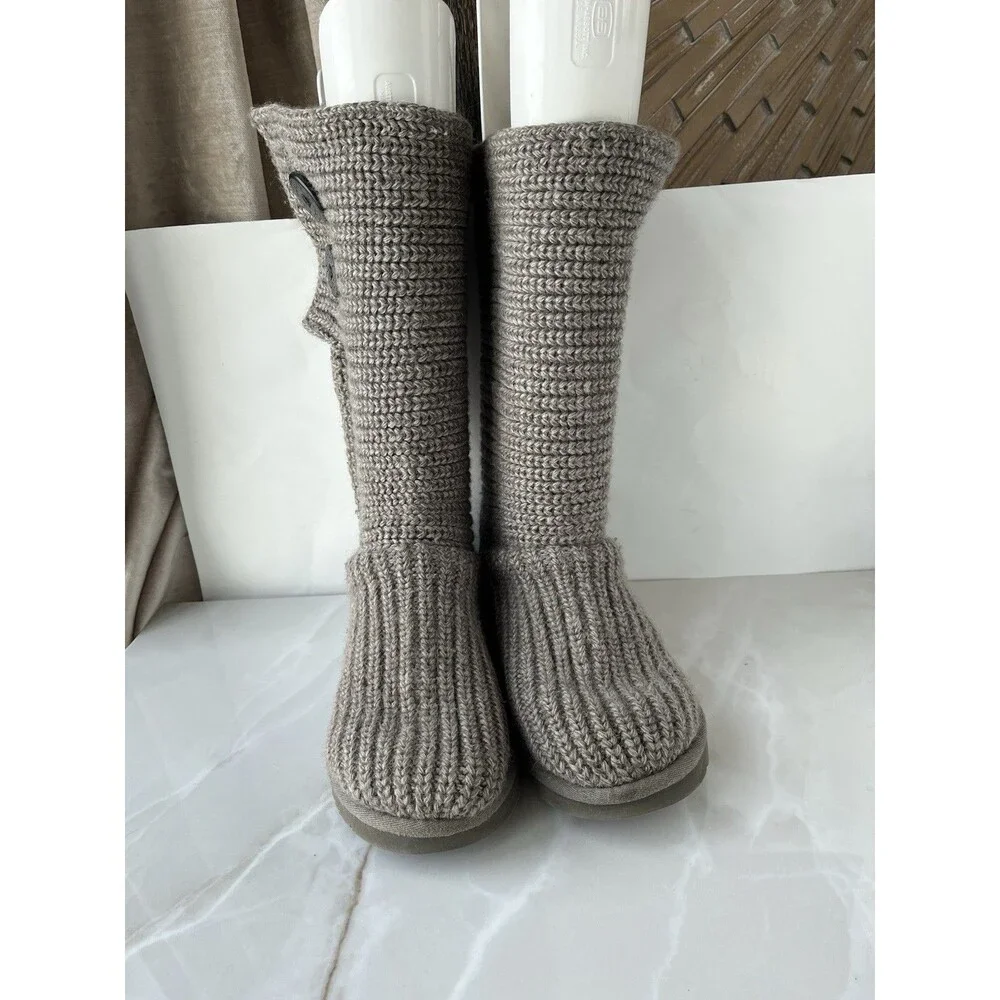 UGG Youth Junior Girls CARDY Black 5649 Short Tall Gray Knit Wool Fur Sz 5